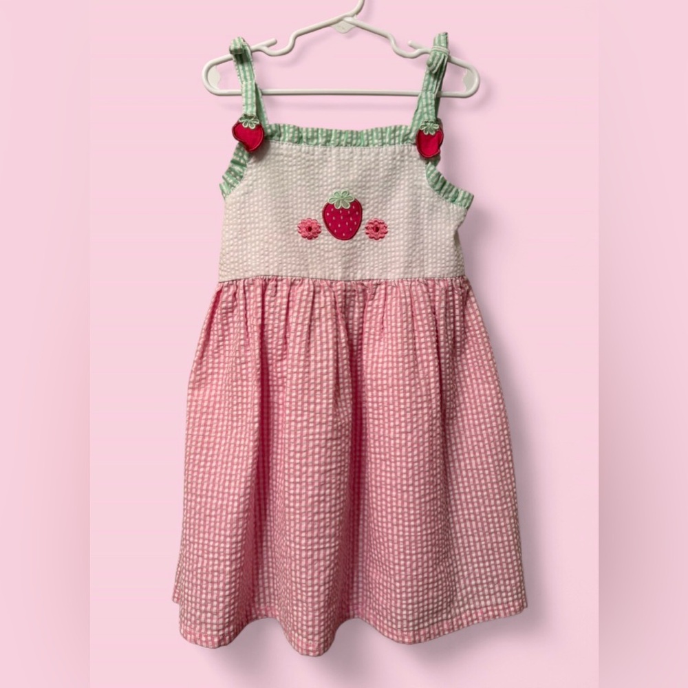 Rare Editions Strawberry Pink White & Green Seersucker Dress | Girls Size 6